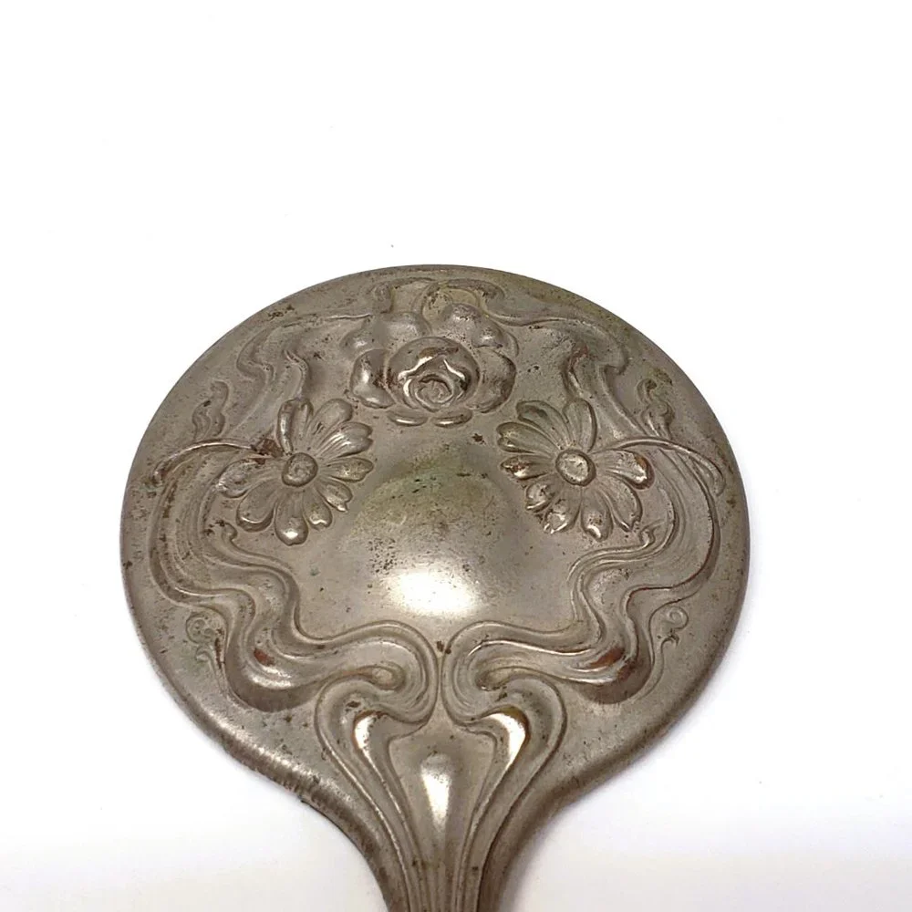 Art Noveau Vanity Mirror Lot Chatelaine Hand Beveled Antique Daisy Flower